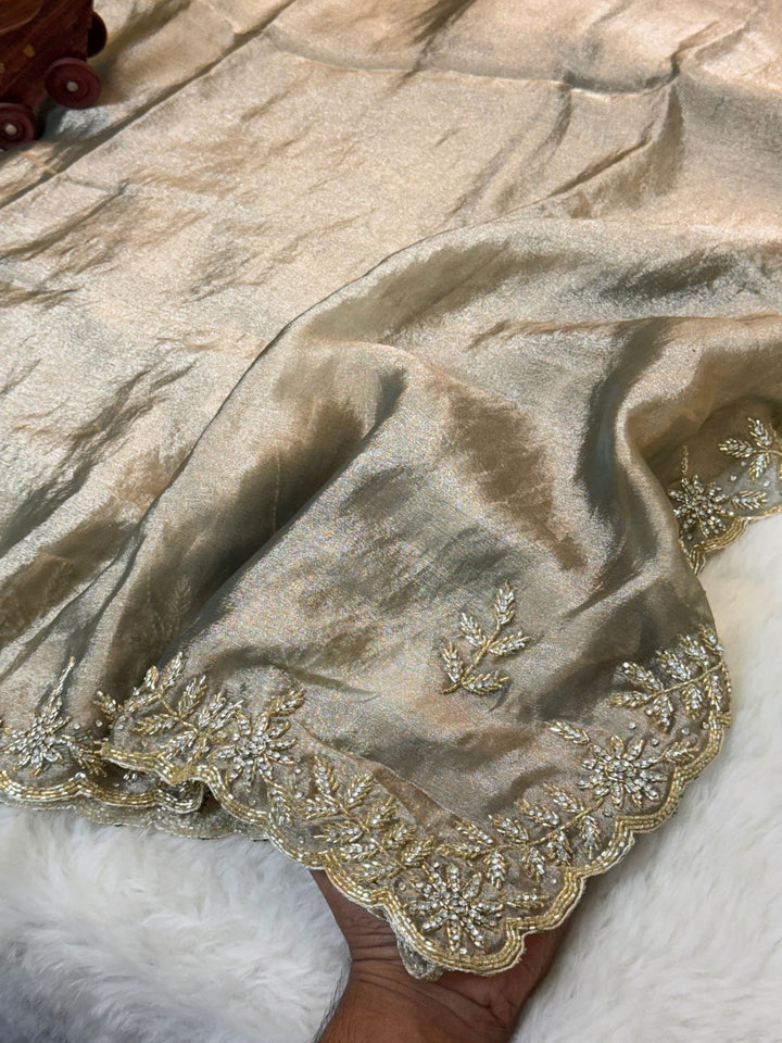 Zari Art Silk Saree with Embroidered Scalloped Border & Stone Floral Motifs