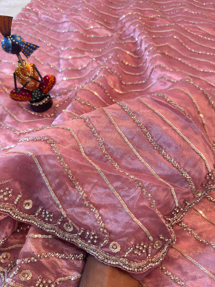 Mausam Tissue Saree with Sequins, Cutdana & Pipe Beads – Hand Embroidered Chevron Work