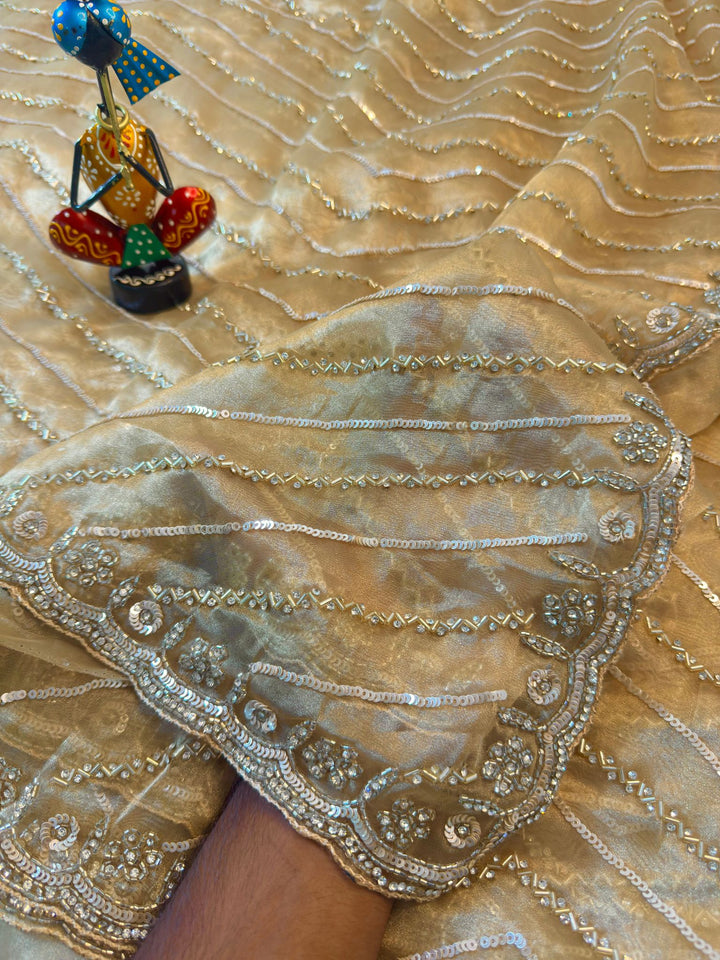 Mausam Tissue Saree with Sequins, Cutdana & Pipe Beads – Hand Embroidered Chevron Work