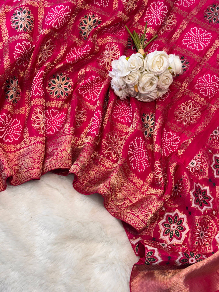 Dola Silk Saree with Patola-Inspired Weave & Bandhej Style Detailing