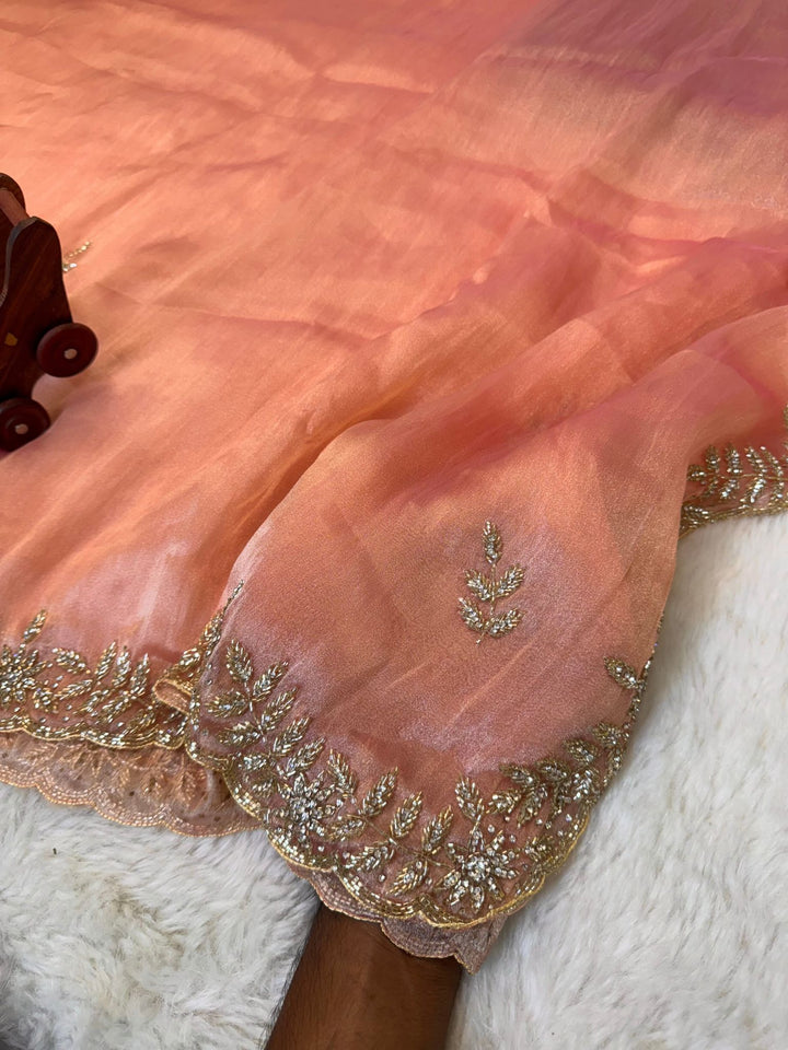 Zari Art Silk Saree with Embroidered Scalloped Border & Stone Floral Motifs