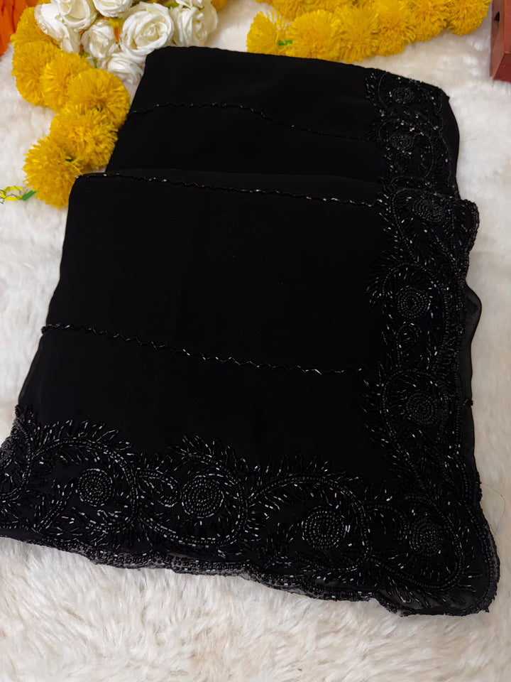 Black Designer Saree with Heavy Cutdana & Bead Embroidery Border