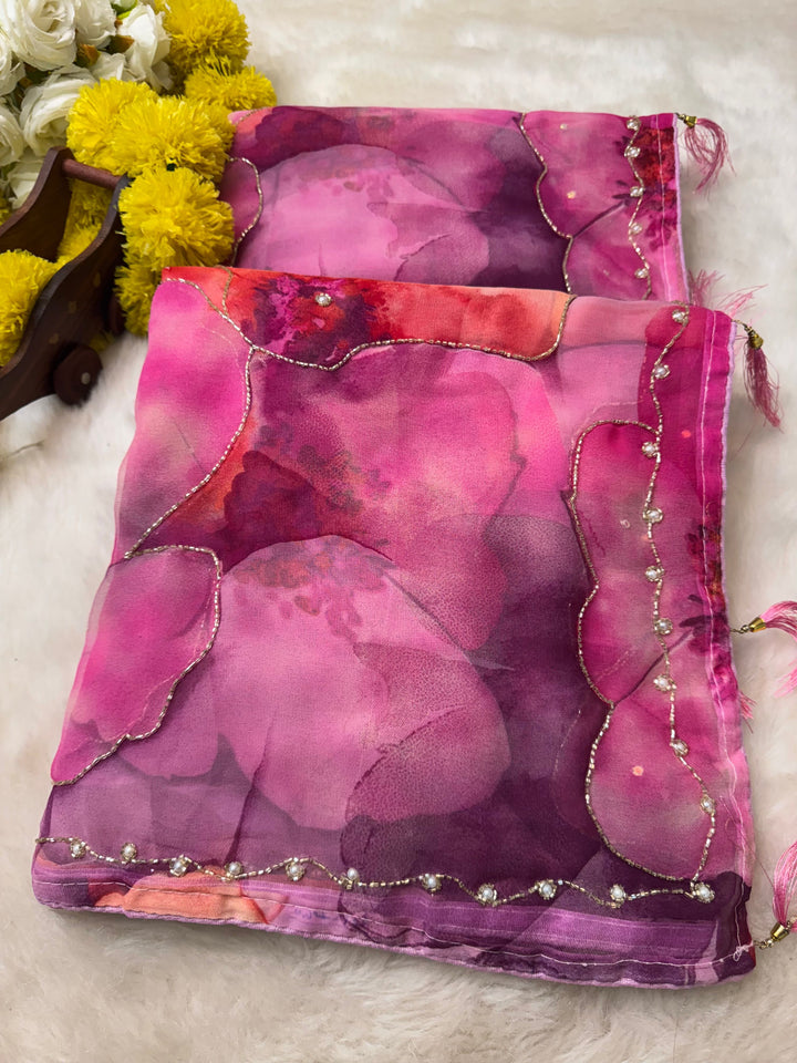 Floral  Print Saree with Pearl Bead Edging