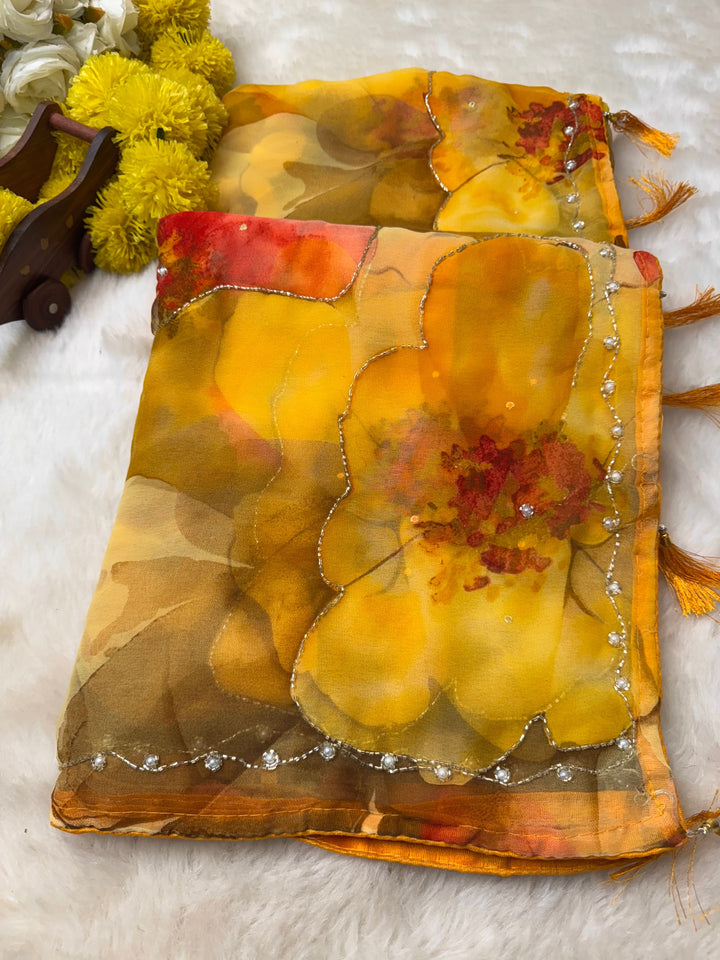 Floral  Print Saree with Pearl Bead Edging