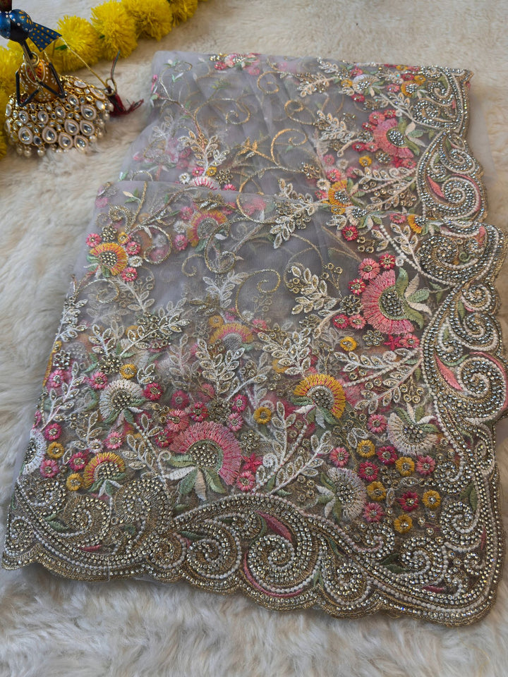 ✨ Premium Net Saree with Heavy Multicolor Embroidery & Scalloped Border