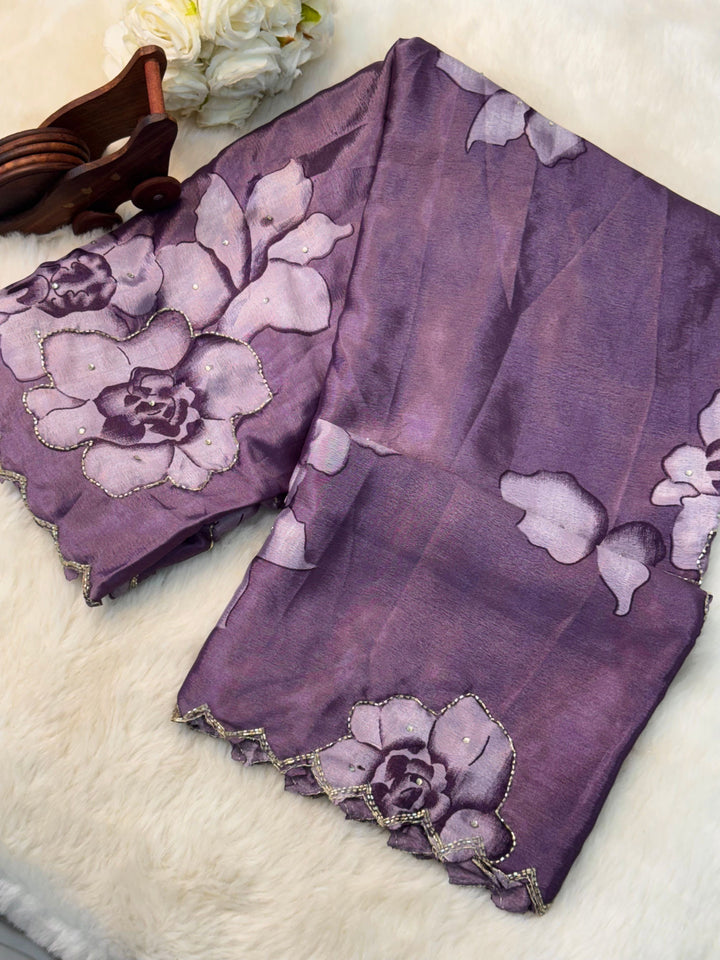 Chinon Floral Embossed Saree with Bead Work & Scallop Edging