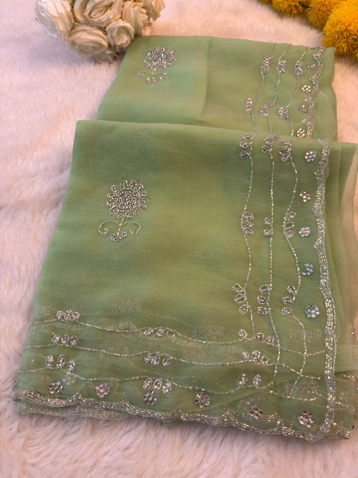 ✨ Elegant Waree Chiffon Saree with Silver Floral Sequin Embroidery