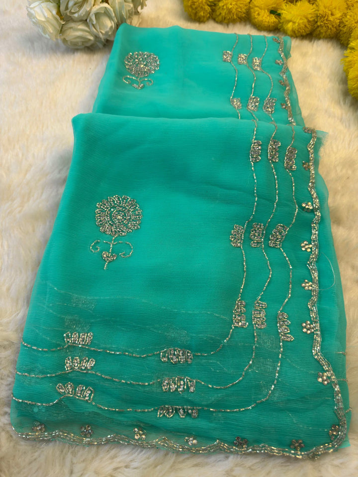 ✨ Elegant Waree Chiffon Saree with Silver Floral Sequin Embroidery