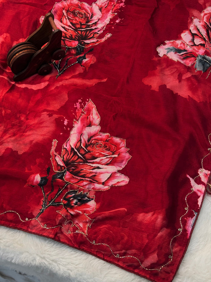 Chinon Rose Floral Print Saree with Bead Embellished Border