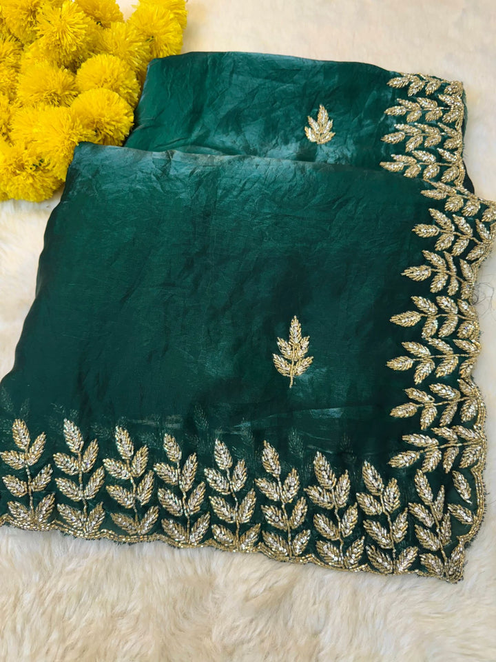 Fendy Silk Saree with Golden Leaf Embroidery & Scalloped Border