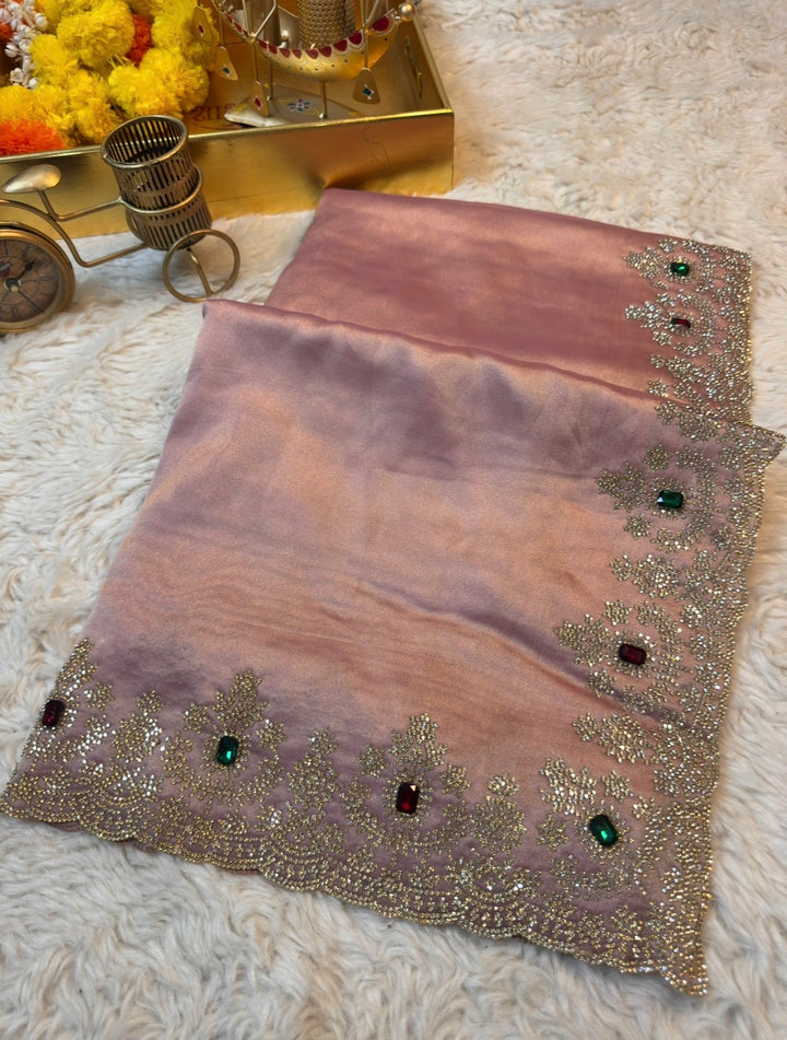 Elegant Tissue Silk Saree with Handworked Border & Jewel Stones