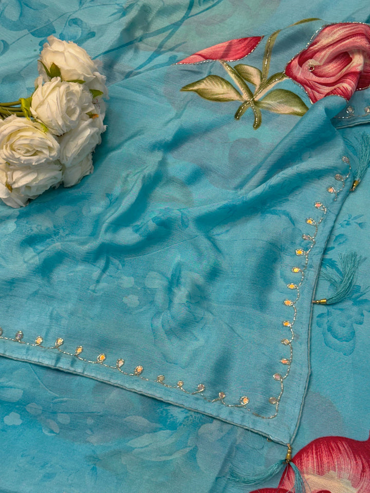 Chinon Floral Print Saree with Tulip Motifs & Bead Detailing