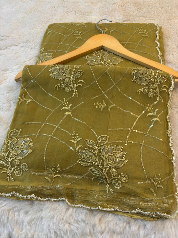 Shimmer Chiffon Saree with Floral Sequin Embroidery & Scalloped Border