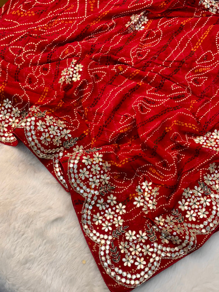 Red Bandhej Georgette Saree with Heavy Gotta Patti Floral Border