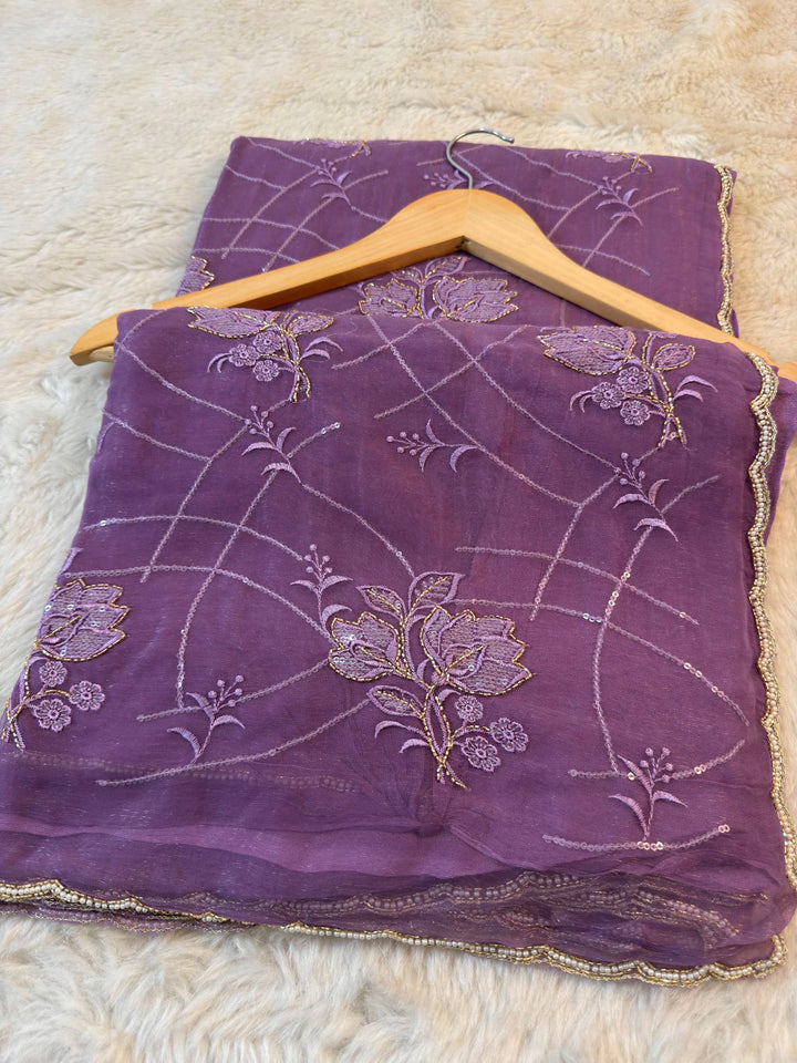 Shimmer Chiffon Saree with Floral Sequin Embroidery & Scalloped Border