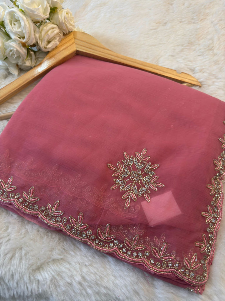 Elegant Waree Chiffon Saree with Stone Floral Embroidery & Cutwork Border