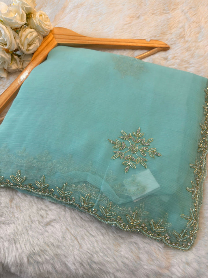Elegant Waree Chiffon Saree with Stone Floral Embroidery & Cutwork Border