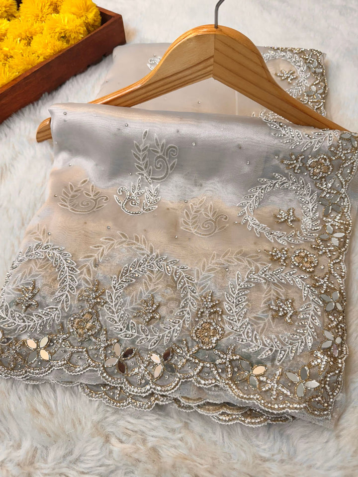Premium Tissue Saree with Mirror & Zari Floral Embroidery