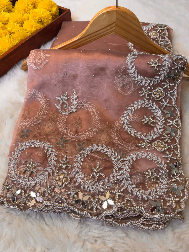 Premium Tissue Saree with Mirror & Zari Floral Embroidery