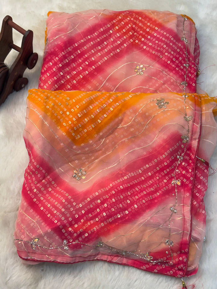 Bandhani Print Georgette Saree with Shimmer Lines & Embellished Border