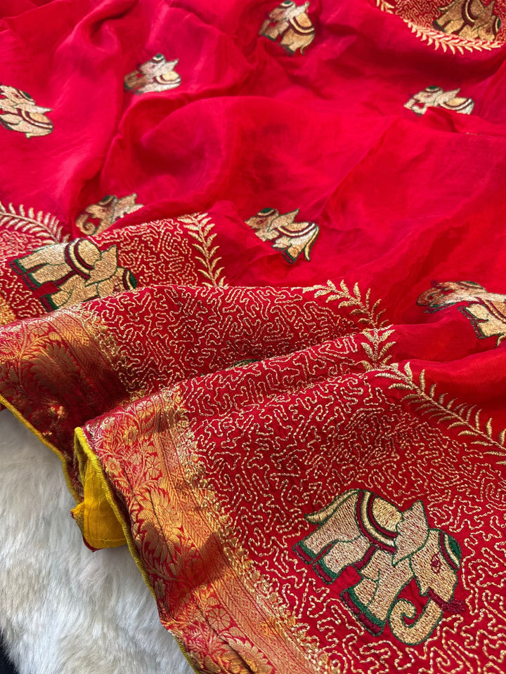 HO Silk Saree with Zari Elephant Motifs & Banarasi-Style Woven Border