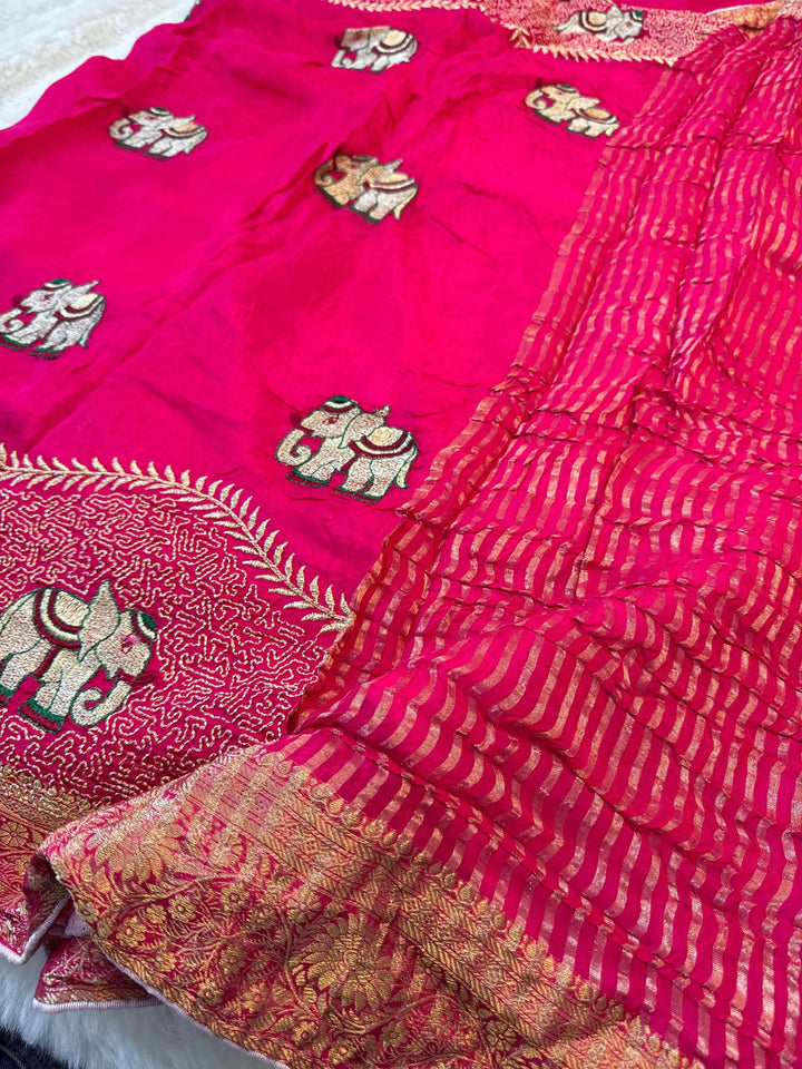 HO Silk Saree with Zari Elephant Motifs & Banarasi-Style Woven Border