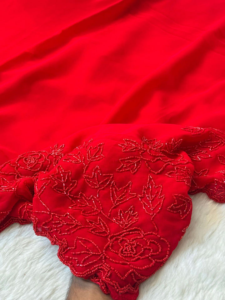 Designer Red Saree with Cutdana Hand Embroidery | Karwa Chauth Special Saree