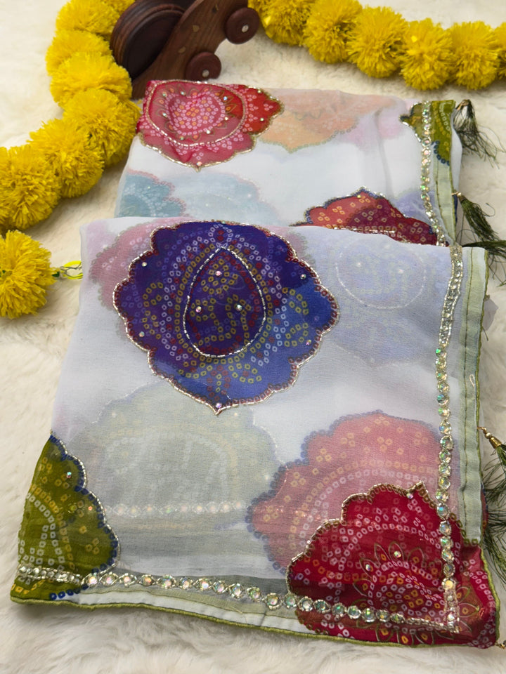 Multicolor Bandhej Motif Georgette Saree with Sequin Border