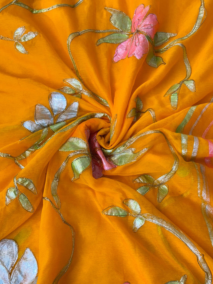 Pure Chiffon Saree with Appliqué Floral Embroidery