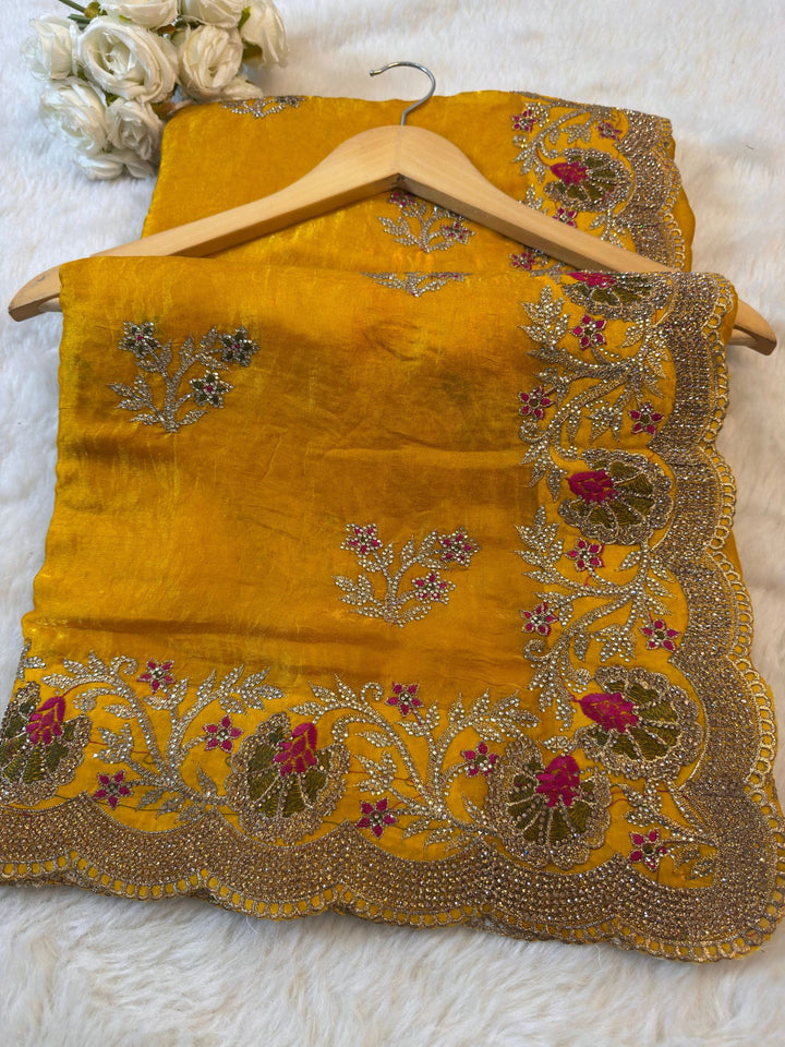 Premium Hand Embroidered Silk Saree with Multicolor Floral Zari Work