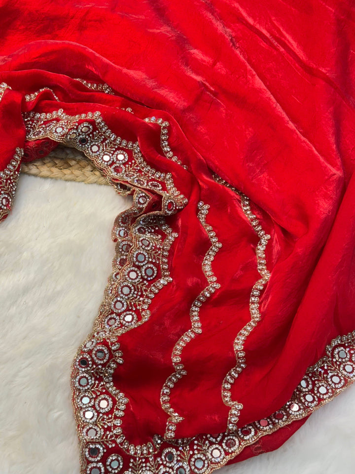 Red Fendy silk saree with mirror and wavy stone embroidery on scalloped border – Jyoti Sarees