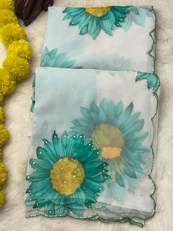 Floral Printed Lightweight Saree with Scalloped Border & Stone Highlights