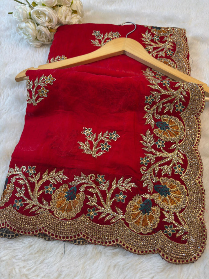 Premium Hand Embroidered Silk Saree with Multicolor Floral Zari Work