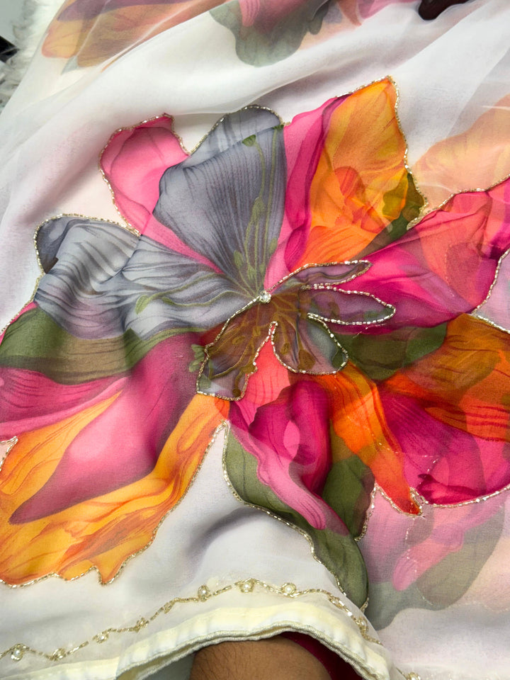 Premium Floral Print Saree with Multi-Color Bloom & Pearl Border