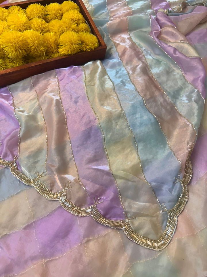 Multicolor Pastel Tissue Saree with Scalloped Embroidered Border