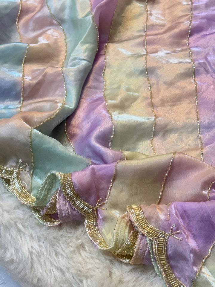 Multicolor Pastel Tissue Saree with Scalloped Embroidered Border