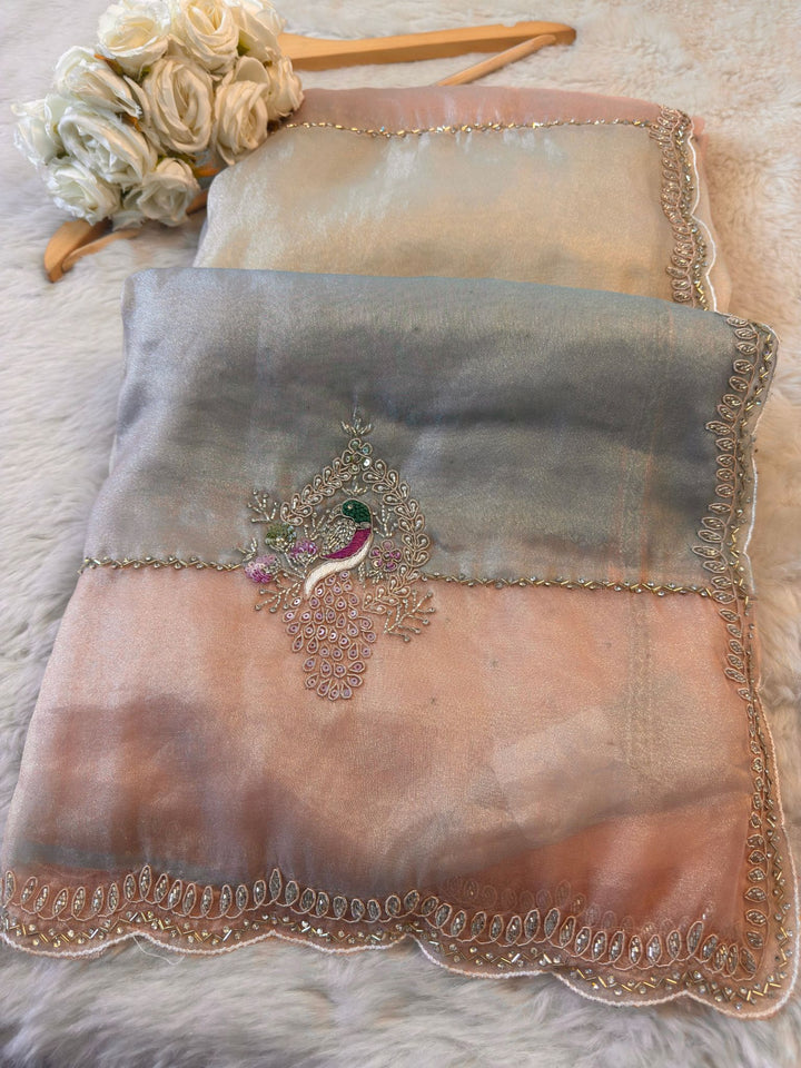 ✨Multicolor Tissue Saree with Hand Zardosi Embroidery & Peacock Motif