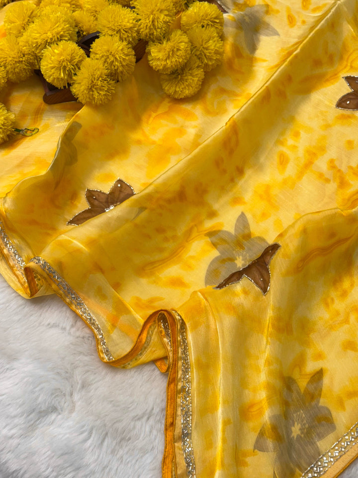 Yellow Chinon Floral Saree with 3D Applique & Sequin Border