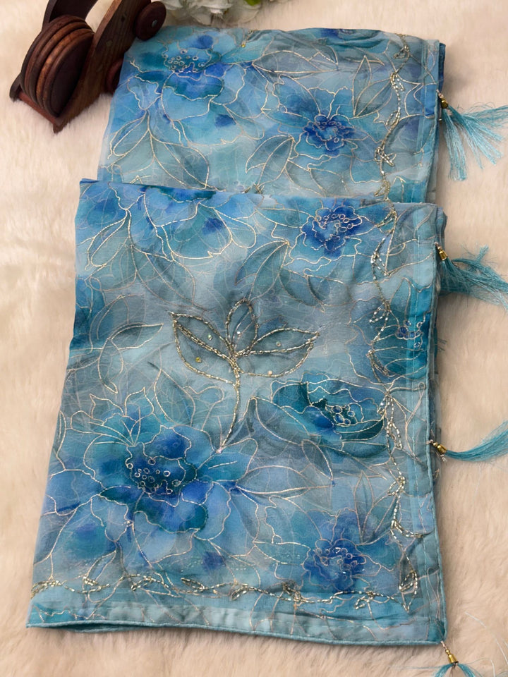Elegant floral  Jaal Print Saree with Cutdana Work