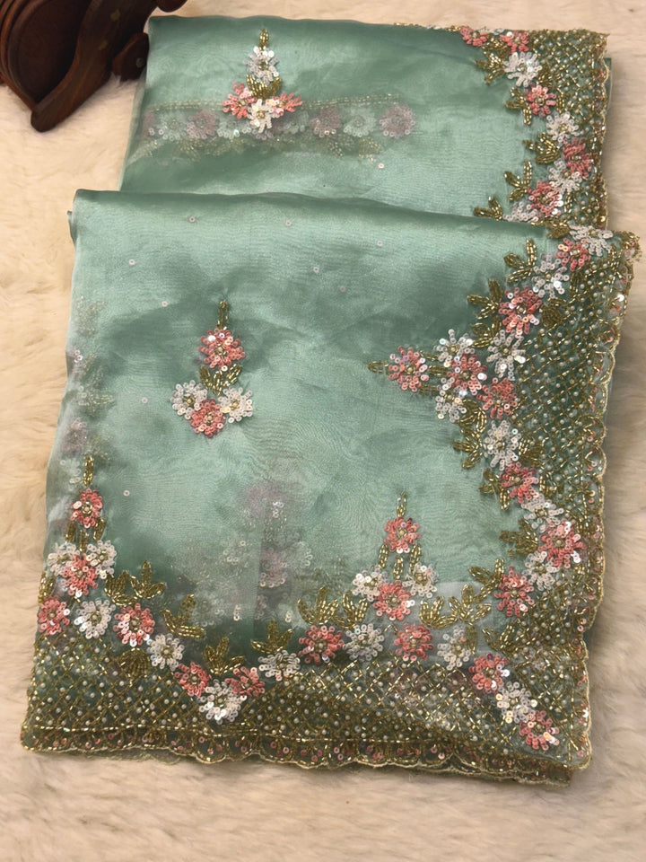 Premium Mausam Tissue Saree – Multicolor Sequin & Bead Hand Embroidery
