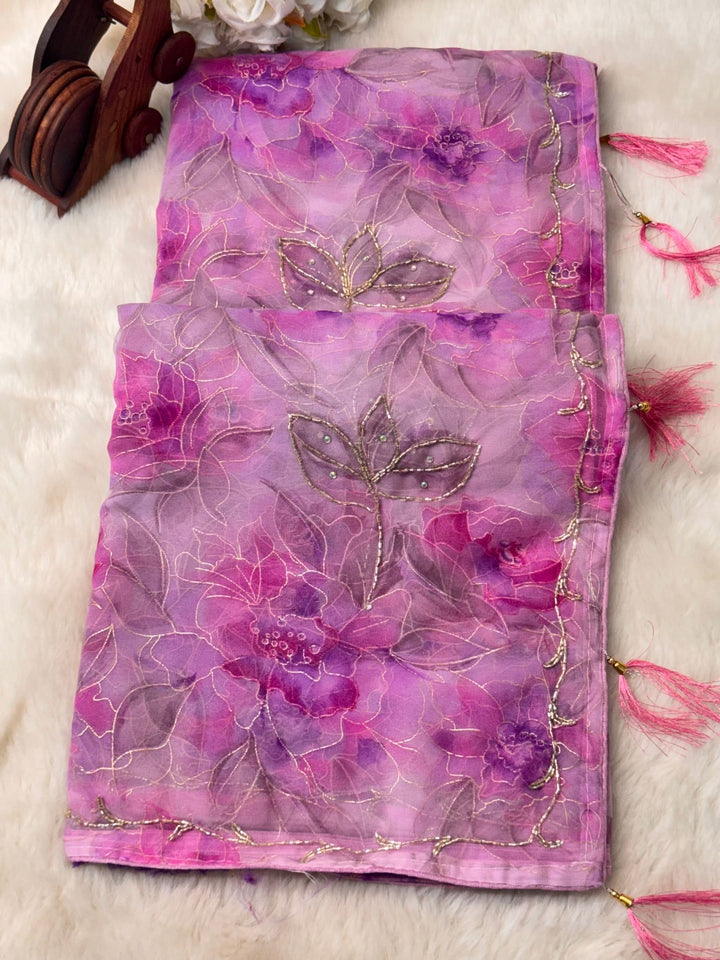 Elegant floral  Jaal Print Saree with Cutdana Work