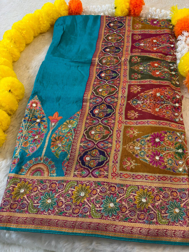 Position Print Pashmina Silk Saree with Multicolor Embroidered Border