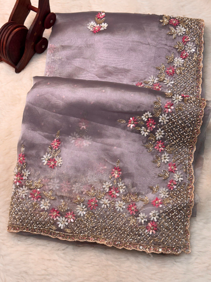 Premium Mausam Tissue Saree – Multicolor Sequin & Bead Hand Embroidery