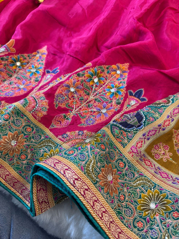 Position Print Pashmina Silk Saree with Multicolor Embroidered Border