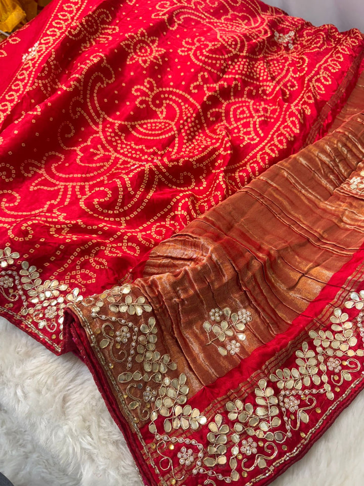 Pure Gajji Silk Bandhani Saree with Banarasi Pallu & Gota Embroidery Border