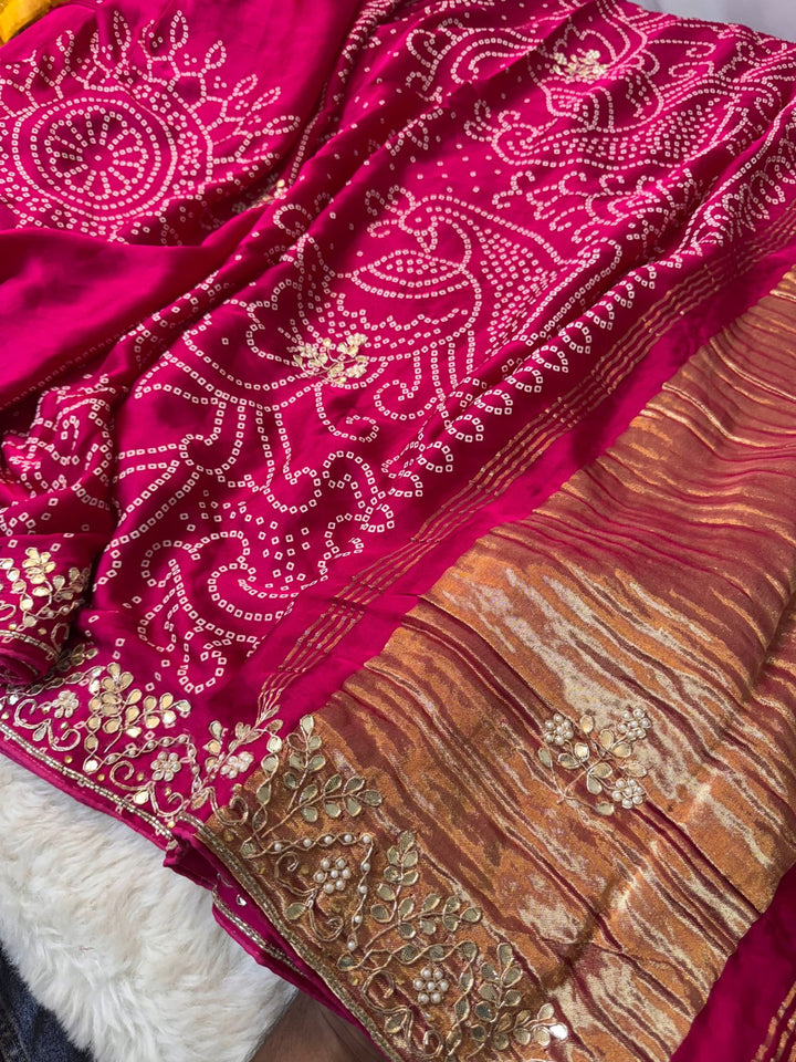Pure Gajji Silk Bandhani Saree with Banarasi Pallu & Gota Embroidery Border