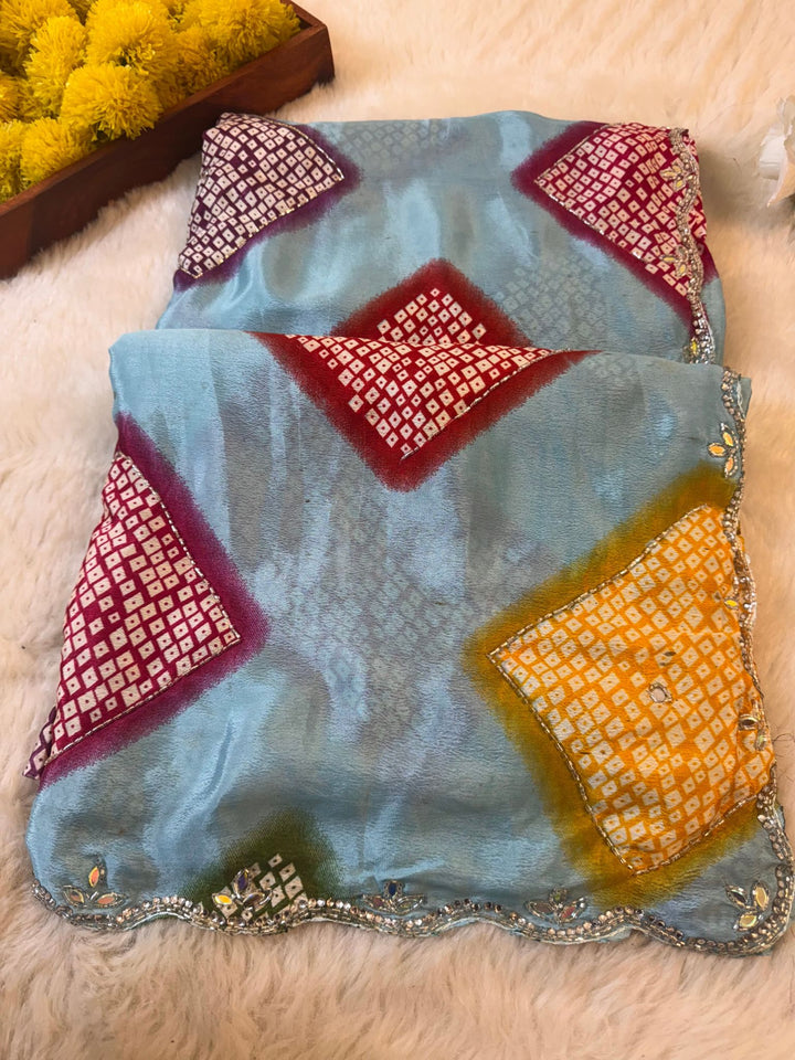 Pure Chinon Bandhani Saree with Scalloped Mirror & Gota Embroidery Border