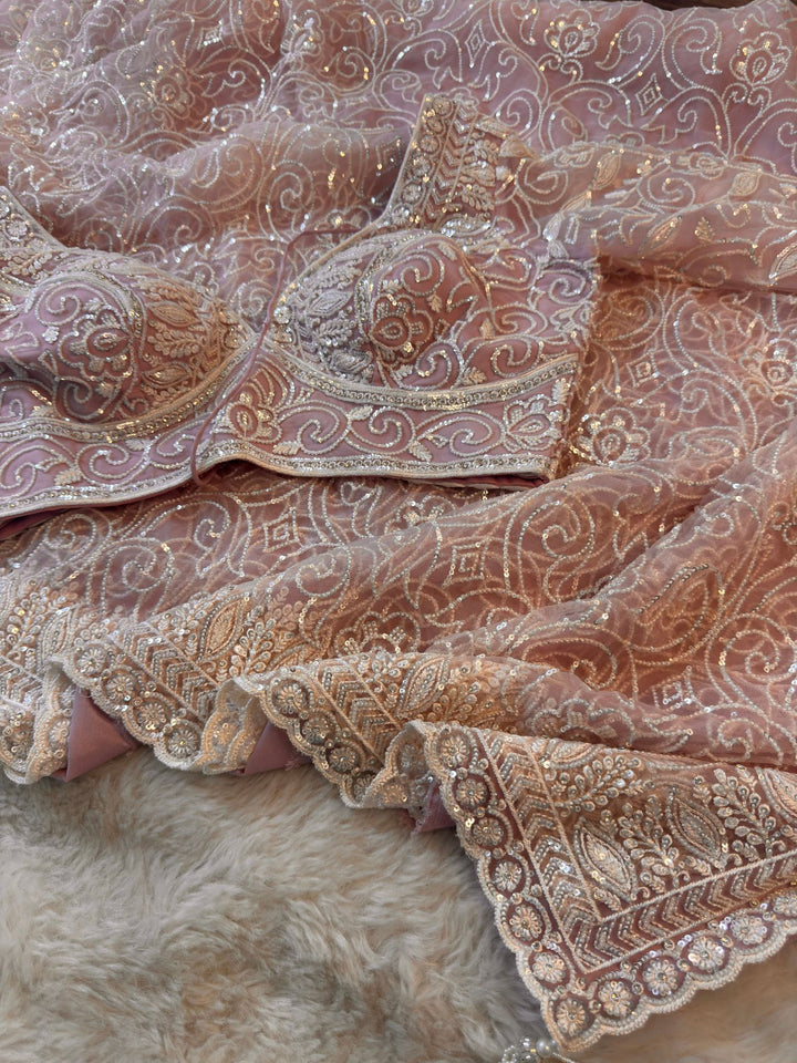 Premium Net Saree with Heavy Hand Embroidery & Scalloped Border — Includes Designer readymade Blouse