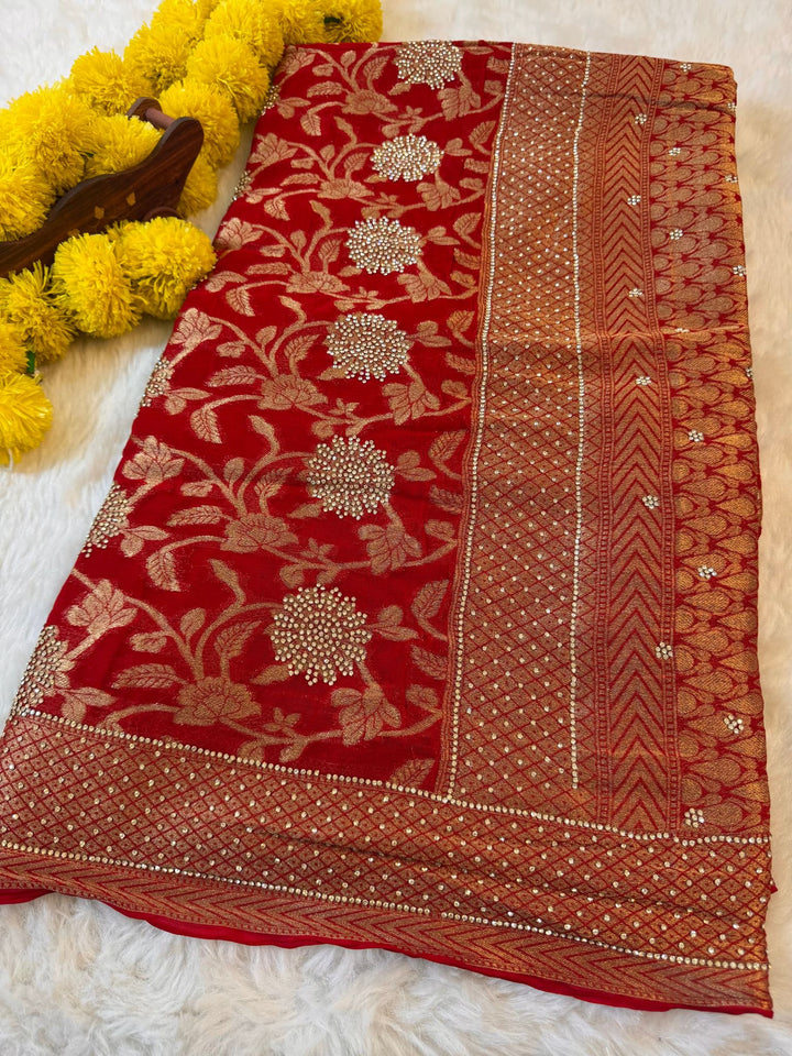 Pure Khaddi Georgette Zari Weaving Saree with Floral Butti & zarkan Work Border