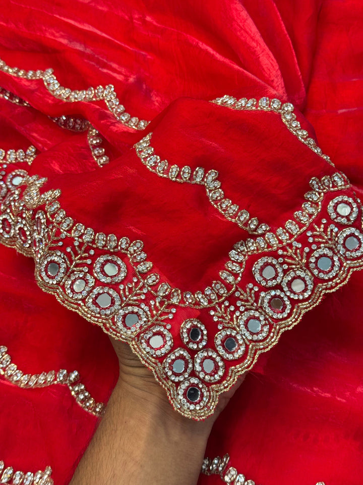 Red Fendy Silk Saree with Mirror & Wavy Stone Embroidery